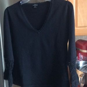Black Olo Black Scallop Edge V-Neck Sweater beautiful crochet detailed sleeve